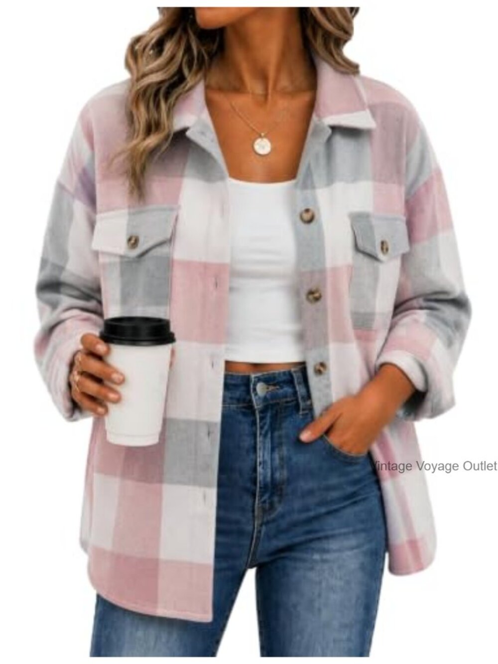 Womens Plaid Shacket Button Down Long Sleeve Casual Jacket Polyester